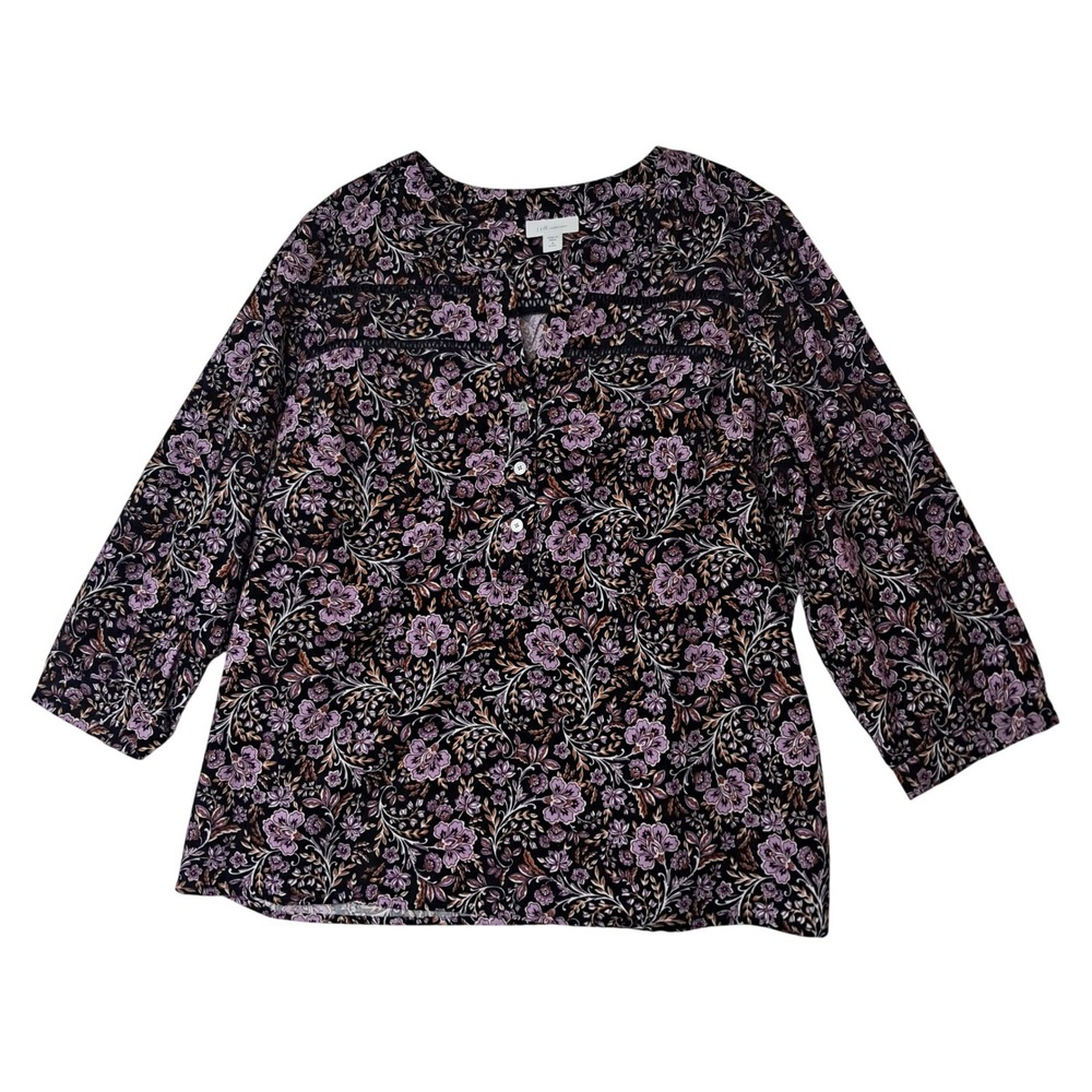 J. Jill Corduroy Top Womens Medium Petite Purple Floral Henley Boho Cottage